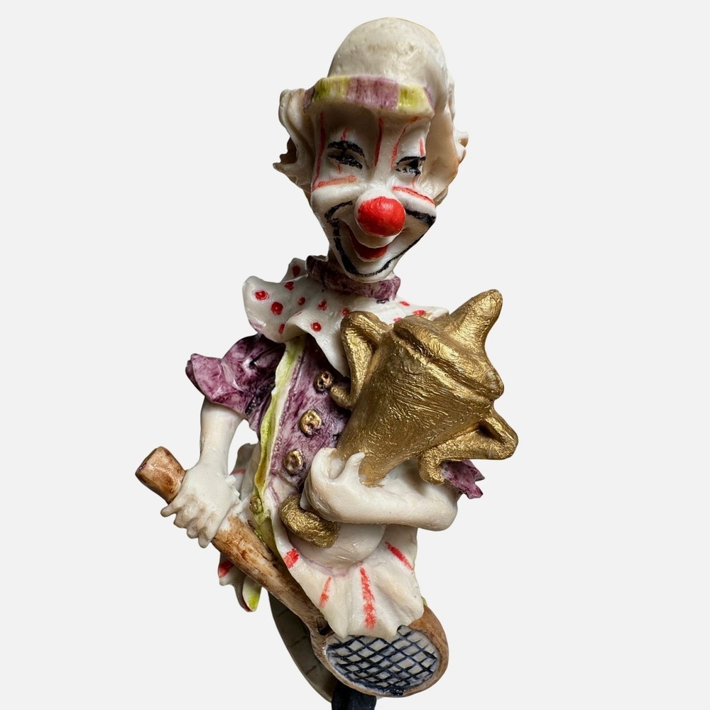 Clown Figurine Vintage‎ Hand-Painted Pickleball Circus Clown Holding Trophy 9"